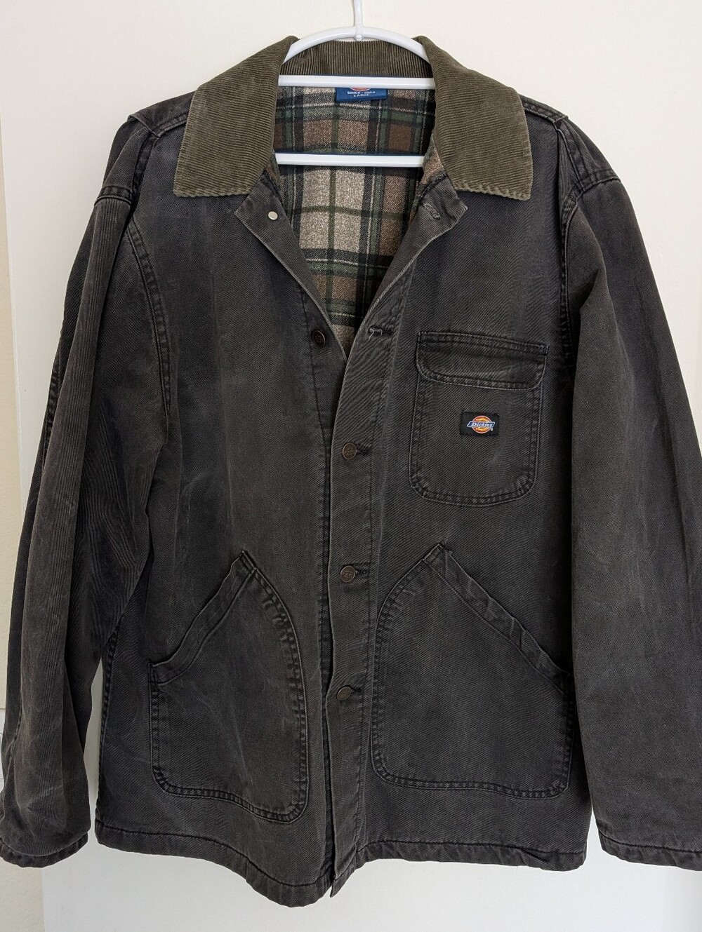 Dickies Charcoal Canvas Chore Jacket with Olive Corduroy Collar Mens L Barn Coat